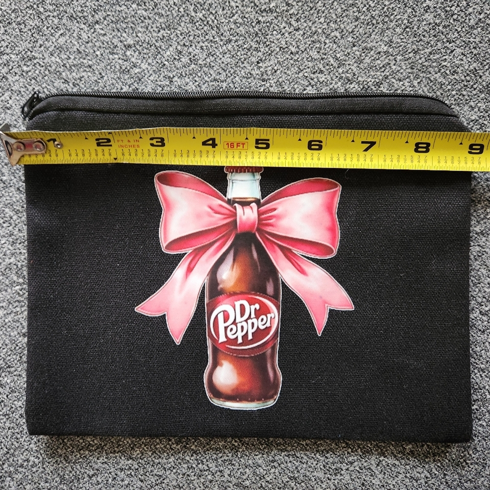 Brand New Black Dr Pepper Zipper Pouch with Pink Bow